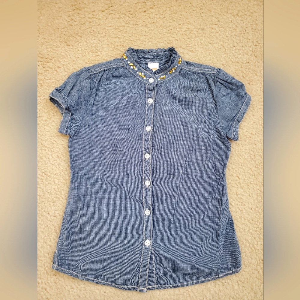 Gymboree Blue Cotton Short Sleeve Button Down Shirt Girls Size 10